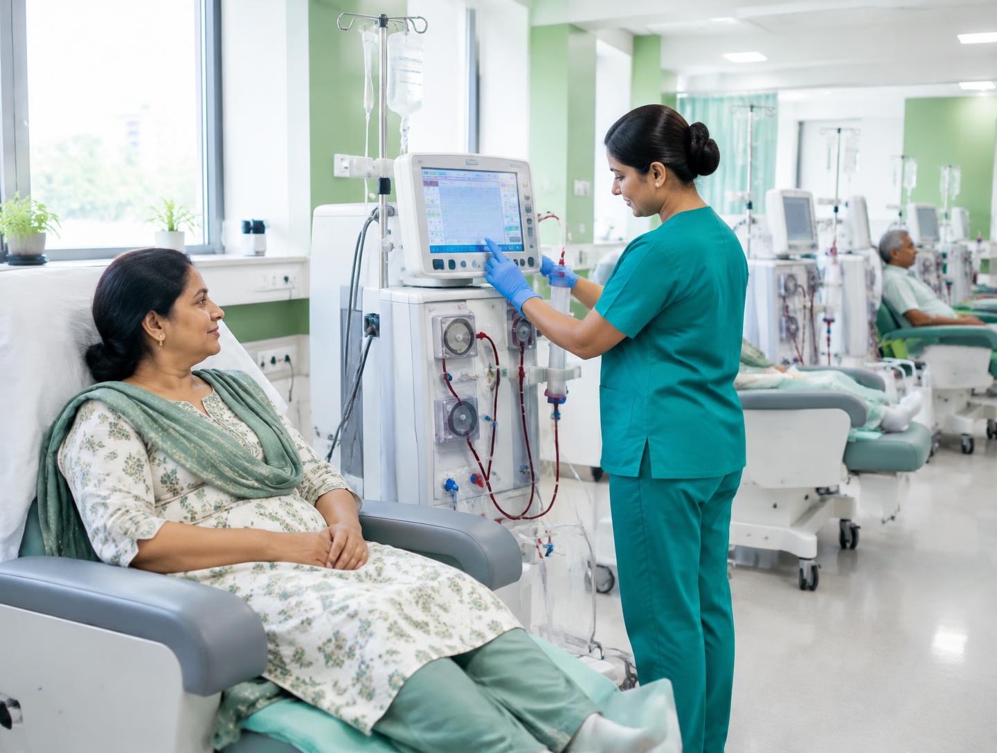 AI-generated illustration of a hospital patient receiving dialysis care with a nurse