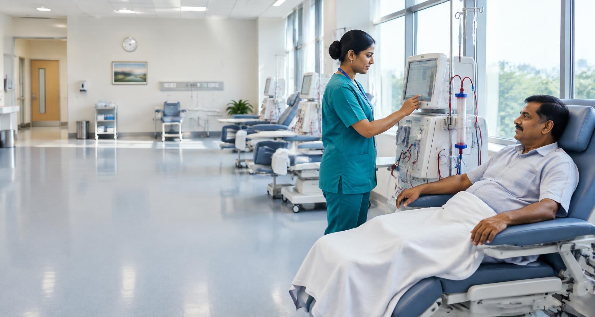 Illustrative hospital dialysis ward with a patient and nurse beside a haemodialysis machine
